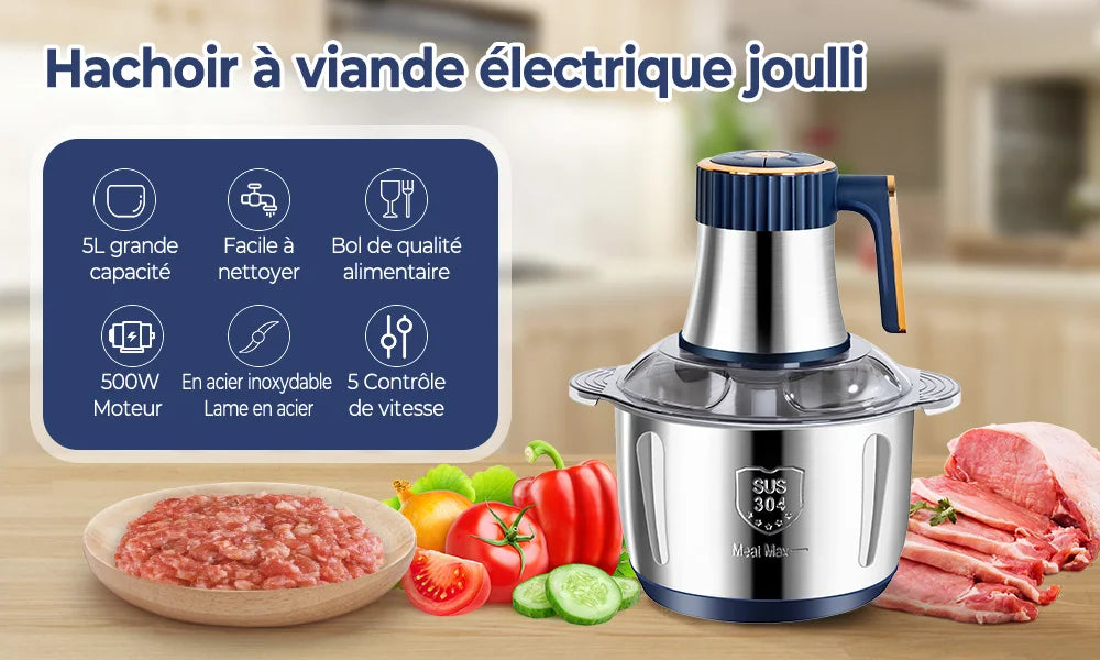 Hachoir à viande électrique en acier inoxydable 304, broyeur d'aliments, trancheuse à légumes multifonctionnelle, hachoir, robot culinaire pour bébé, 5L